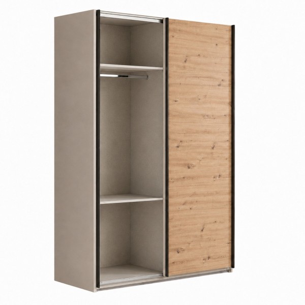 Vista diagonale con anta aperta Armadio in legno struttura Cashmere con 2 ante scorrevoli a cashmere lucido e rovere artisan modello Sliding Totò Piccinni