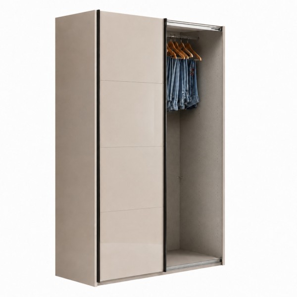 Vista diagonale con anta aperta Armadio ante scorrevoli in legno struttura Cashmere con 2 ante scorrevoli a cashmere lucido e rovere artisan modello Sliding Totò Piccinni