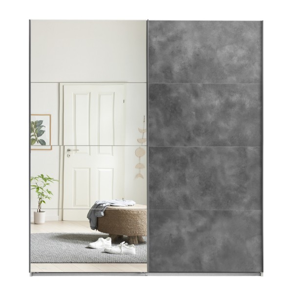 Vista frontale Armadio camera da letto in legno struttura Bianca con due ante scorrevoli, 1 Grigio Cemento e 1 a Specchio modello Sliding Totò Piccinni