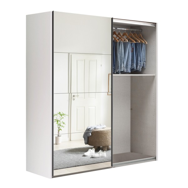 Vista diagonale con anta aperta Armadio moderno in legno struttura Bianca con due ante scorrevoli, 1 Grigio Cemento e 1 a Specchio modello Sliding Totò Piccinni