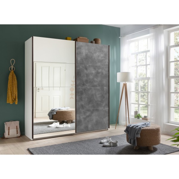 Vista ambientata Armadio guardaroba design in legno struttura Bianca con due ante scorrevoli, 1 Grigio Cemento e 1 a Specchio modello Sliding Totò Piccinni