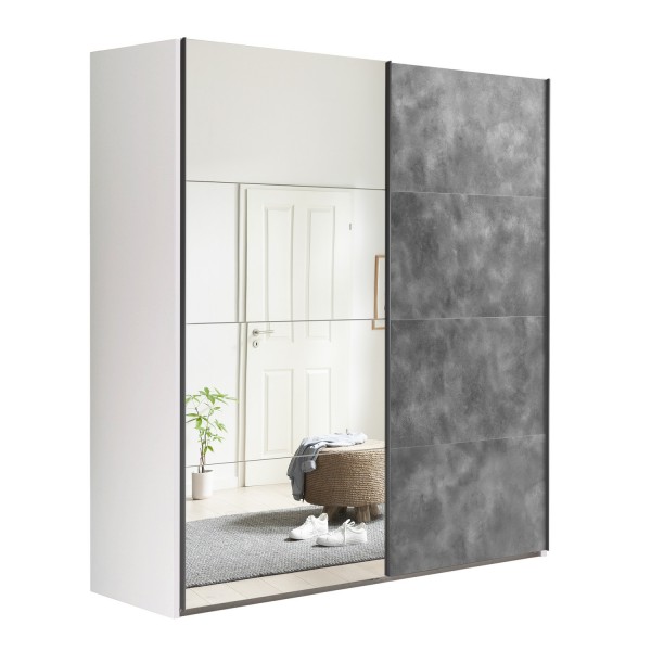 Vista diagonale Armadio in legno struttura Bianca con due ante scorrevoli, 1 Grigio Cemento e 1 a Specchio modello Sliding Totò Piccinni