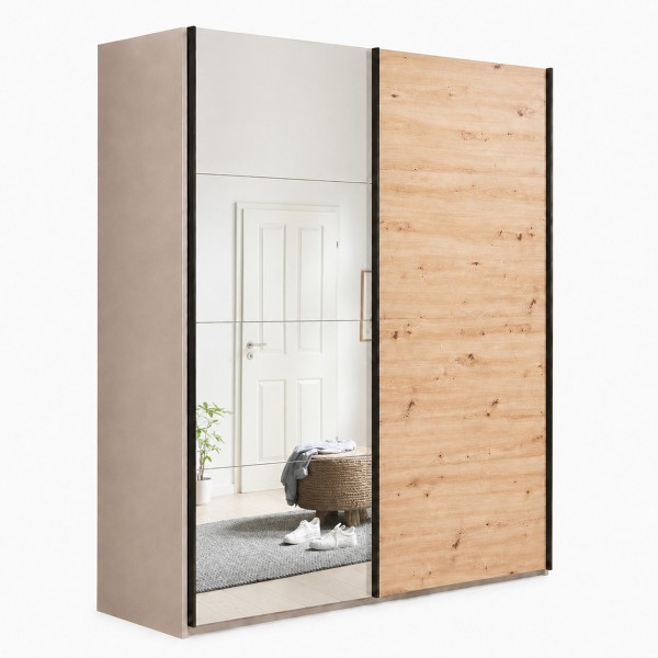 Vista diagonale con ante chiuse Armadio moderno in legno struttura Cashmere con 2 ante scorrevoli rovere artisan e specchio modello Sliding Totò Piccinni