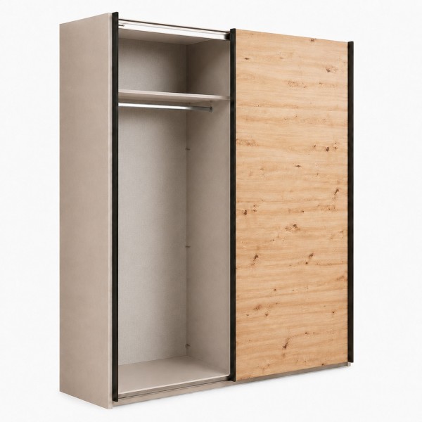 Vista diagonale con anta aperta Armadio in legno struttura Cashmere con 2 ante scorrevoli rovere artisan e specchio modello Sliding Totò Piccinni