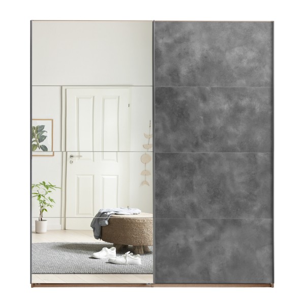 Vista frontale Armadio camera da letto in legno struttura Rovere Artisan con due ante scorrevoli, 1 Grigio Cemento e 1 a Specchio modello Sliding Totò Piccinni