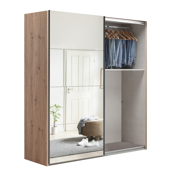 Vista diagonale con anta aperta Armadio moderno in legno struttura Rovere Artisan con due ante scorrevoli, 1 Grigio Cemento e 1 a Specchio modello Sliding Totò Piccinni