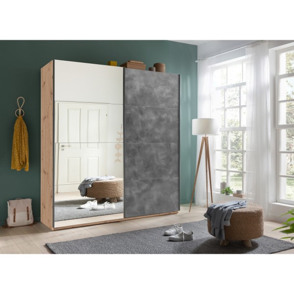 Vista ambientata Armadio guardaroba design in legno struttura Rovere Artisan con due ante scorrevoli, 1 Grigio Cemento e 1 a Specchio modello Sliding Totò Piccinni