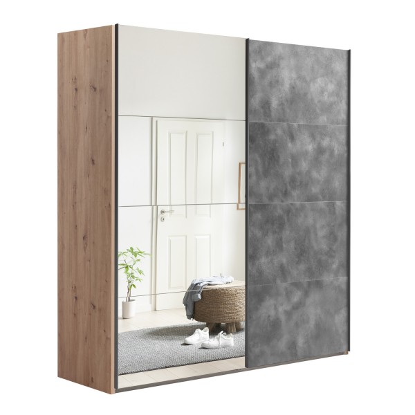 Vista diagonale Armadio in legno struttura Rovere Artisan con due ante scorrevoli, 1 Grigio Cemento e 1 a Specchio modello Sliding Totò Piccinni