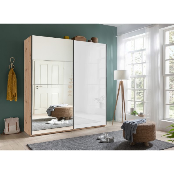 Vista ambientata Armadio guardaroba design  in legno struttura Rovere Artisan con due ante scorrevoli, 1 Bianco Lucido e 1 a Specchio modello Sliding Totò Piccinni
