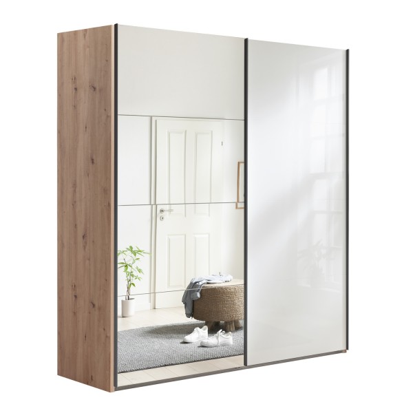 Vista diagonale Armadio in legno struttura Rovere Artisan con due ante scorrevoli, 1 Bianco Lucido e 1 a Specchio modello Sliding Totò Piccinni