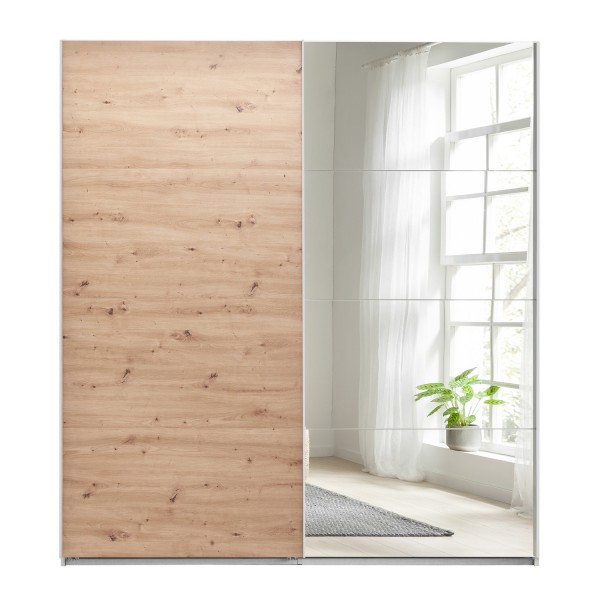 Vista frontale Armadio camera da letto in legno struttura Bianco con due ante scorrevoli, 1 Rovere Artisan e 1 a Specchio modello Sliding Totò Piccinni