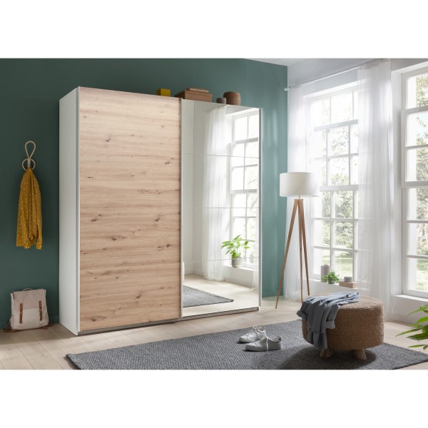 Vista ambientata Armadio guardaroba design in legno struttura Bianco con due ante scorrevoli, 1 Rovere Artisan e 1 a Specchio modello Sliding Totò Piccinni