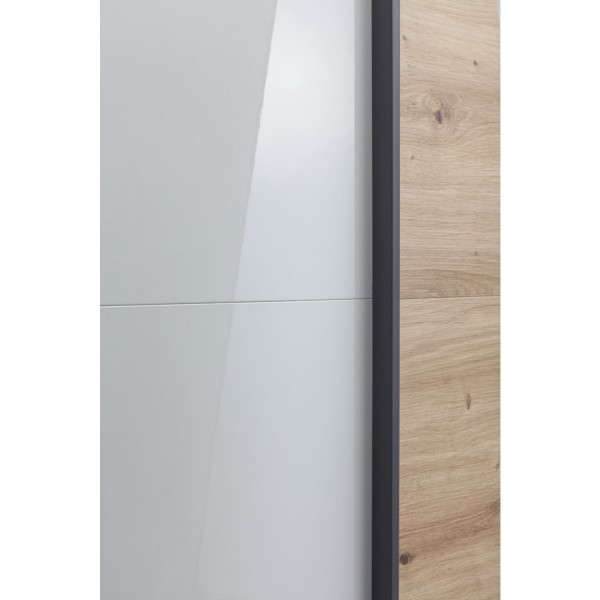 Dettaglio  Armadio classico in legno struttura Bianco con due ante scorrevoli, 1 Rovere Artisan e 1 a Specchio modello Sliding Totò Piccinni