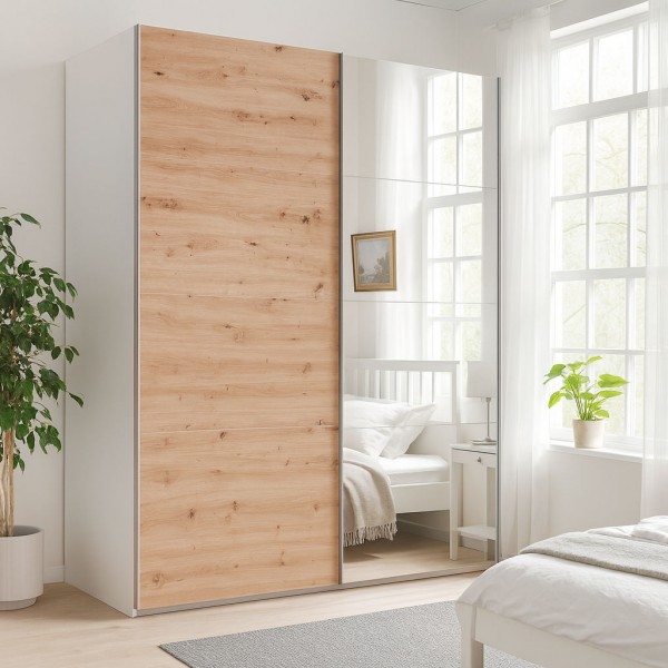 Vista ambientata Armadio in legno struttura Bianco con due ante scorrevoli, 1 Rovere Artisan e 1 a Specchio modello Sliding Totò Piccinni