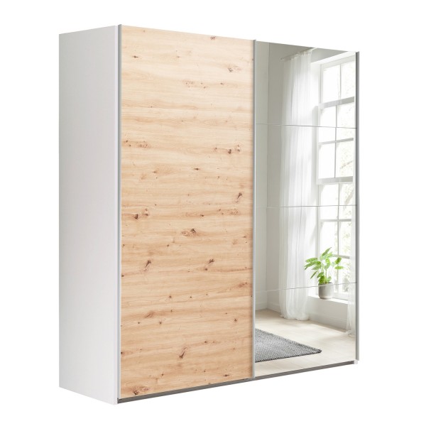 Vista diagonale Armadio in legno struttura Bianco con due ante scorrevoli, 1 Rovere Artisan e 1 a Specchio modello Sliding Totò Piccinni