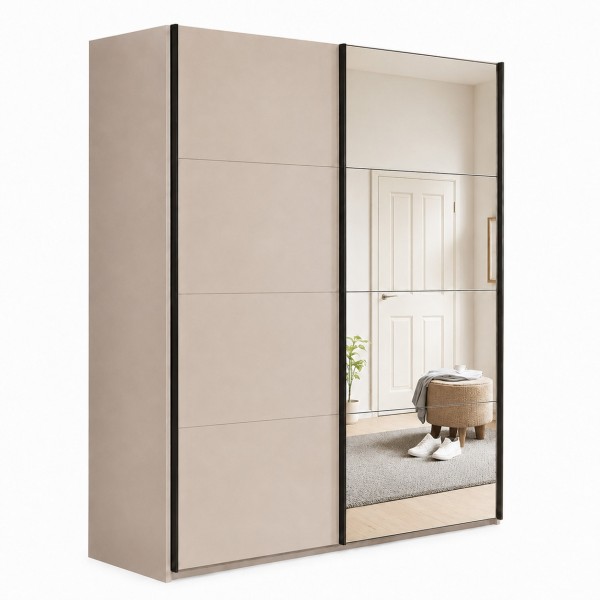 Vista diagonale con ante chiuse Armadio moderno in legno struttura Cashmere con 2 ante scorrevoli cashmere lucido e specchio modello Sliding Totò Piccinni
