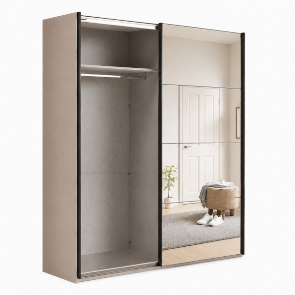 Vista diagonale con anta aperta Armadio in legno struttura Cashmere con 2 ante scorrevoli cashmere lucido e specchio modello Sliding Totò Piccinni