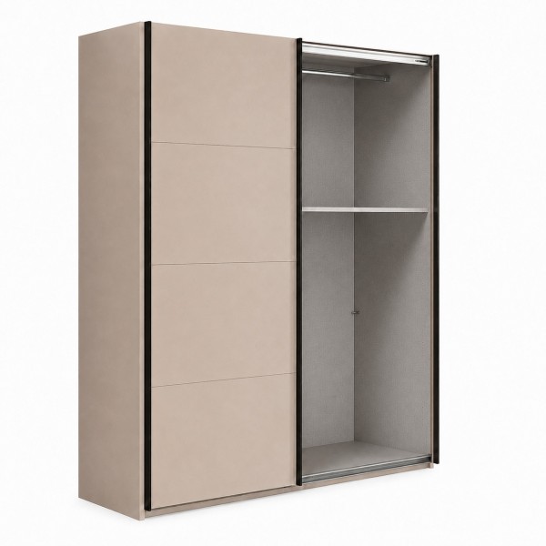 Vista diagonale con anta aperta Armadio ante scorrevoli in legno struttura Cashmere con 2 ante scorrevoli cashmere lucido e specchio modello Sliding Totò Piccinni