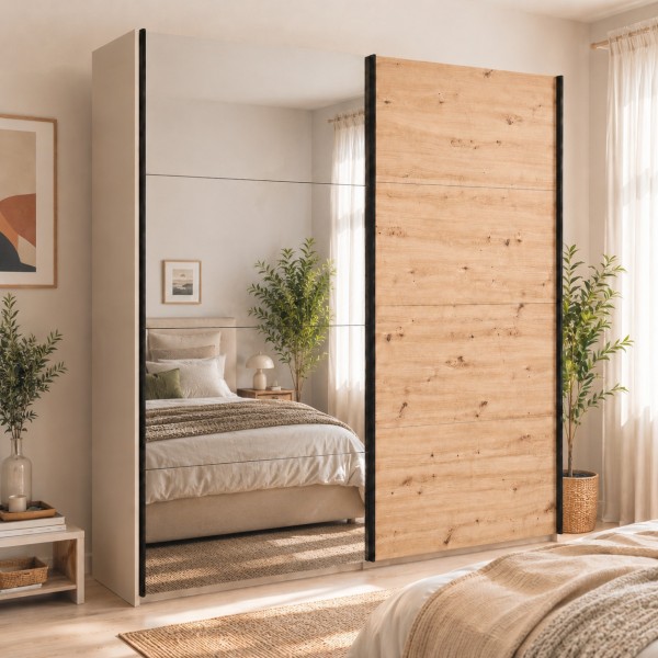 Vista ambientata con ante chiuse Armadio moderno in legno struttura Cashmere con 2 ante scorrevoli rovere artisan e specchio modello Sliding Totò Piccinni