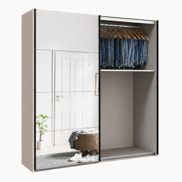 Vista diagonale con anta aperta Armadio ante scorrevoli in legno struttura Cashmere con 2 ante scorrevoli rovere artisan e specchio modello Sliding Totò Piccinni