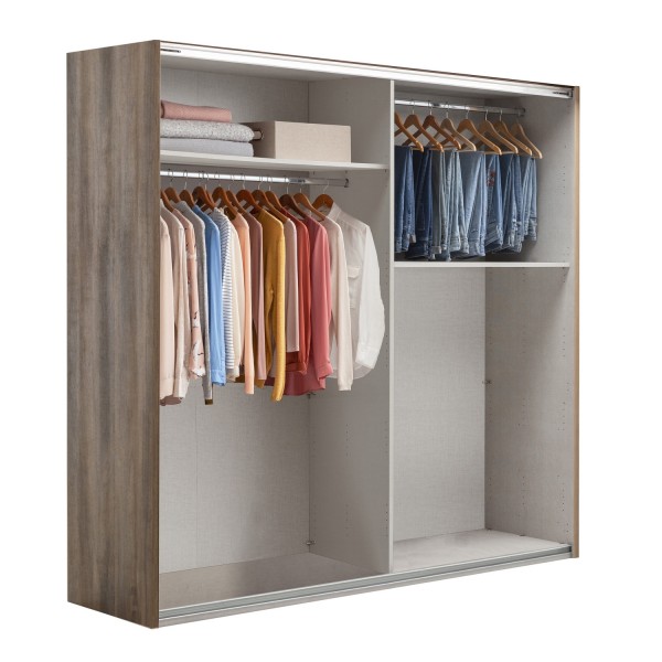 armadio da ingresso grigio laccato/noce brera vista diagonale con ante aperte con vestiti
