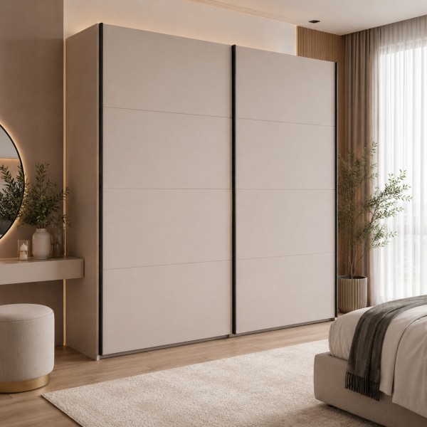 Vista ambientata con ante chiuse Armadio moderno in legno struttura Cashmere con 2 ante scorrevoli cashmere lucido  modello Sliding Totò Piccinni