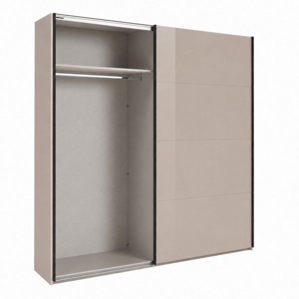Vista diagonale con anta aperta Armadio in legno struttura Cashmere con 2 ante scorrevoli cashmere lucido modello Sliding Totò Piccinni