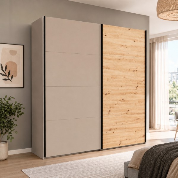Vista ambientata con ante chiuse Armadio moderno in legno struttura Cashmere con 2 ante scorrevoli cashmere lucido e rovere artisan modello Sliding Totò Piccinni