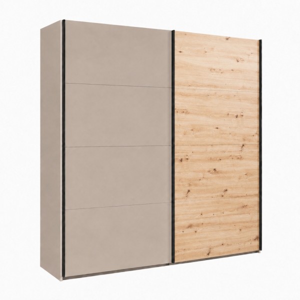 Vista diagonale con ante chiuse Armadio moderno in legno struttura Cashmere con 2 ante scorrevoli cashmere lucido e rovere artisan modello Sliding Totò Piccinni