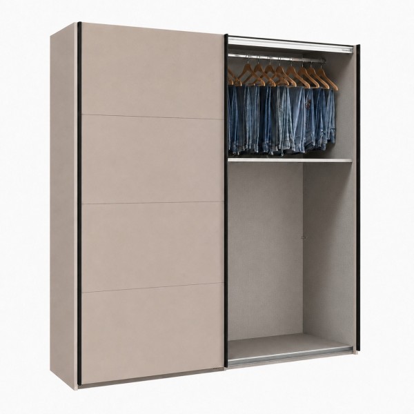 Vista diagonale con anta aperta Armadio ante scorrevoli in legno struttura Cashmere con 2 ante scorrevoli cashmere lucido e rovere artisan modello Sliding Totò Piccinni