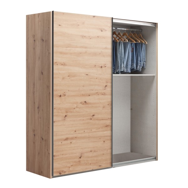 Vista diagonale con anta aperta Armadio moderno in legno struttura Rovere Artisan con due ante scorrevoli Rovere Artisan modello Sliding Totò Piccinni