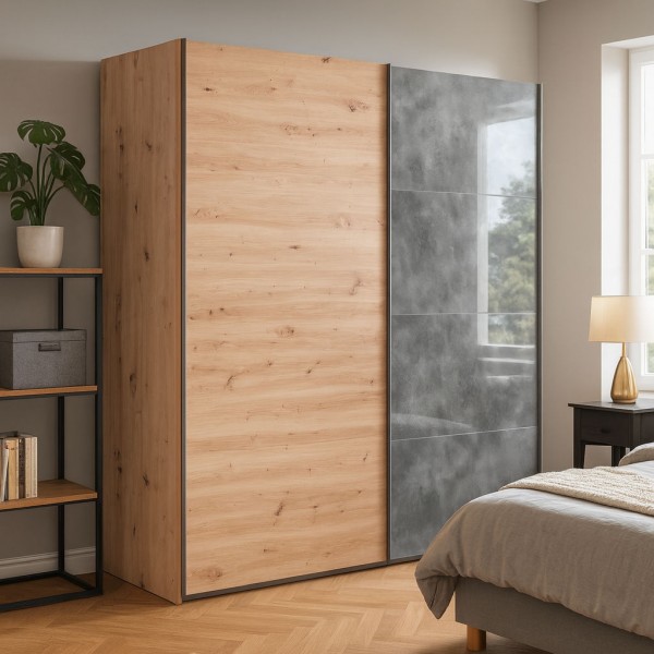 Vista ambientata Armadio in legno struttura Rovere Artisan con due ante scorrevoli, 1 Rovere Artisan e 1 Grigio Cemento modello Sliding Totò Piccinni