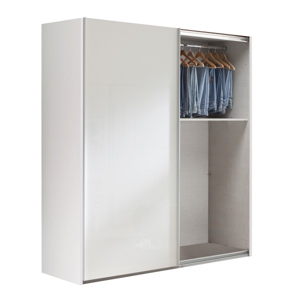 Vista diagonale con anta aperta Armadio moderno  in legno struttura Bianco con due ante scorrevoli, 1 Bianco Lucido modello Sliding Totò Piccinni