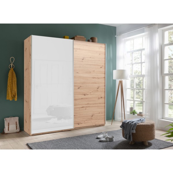 Vista ambientata Armadio guardaroba design in legno struttura Rovere Artisan con due ante scorrevoli, 1 Rovere Artisan e 1 Bianco Lucido modello Sliding Totò Piccinni