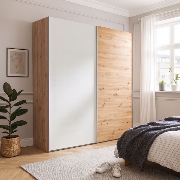 Vista ambientata Armadio in legno struttura Rovere Artisan con due ante scorrevoli, 1 Rovere Artisan e 1 Bianco Lucido modello Sliding Totò Piccinni