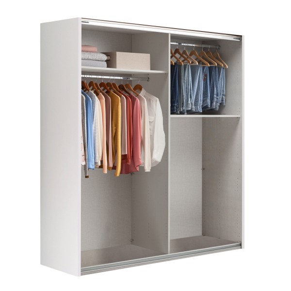 Vista diagonale senza ante Armadio in legno struttura Bianco con due ante scorrevoli, Rovere Artisan modello Sliding Totò Piccinni