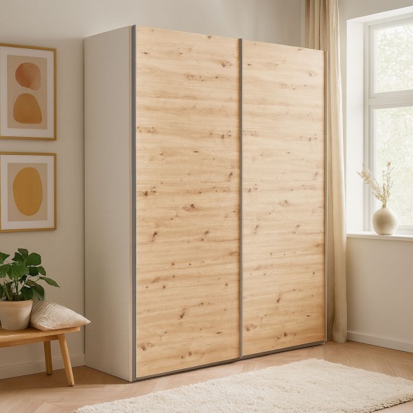 Vista ambientata  Armadio  in legno struttura Bianco con due ante scorrevoli, Rovere Artisan modello Sliding Totò Piccinni
