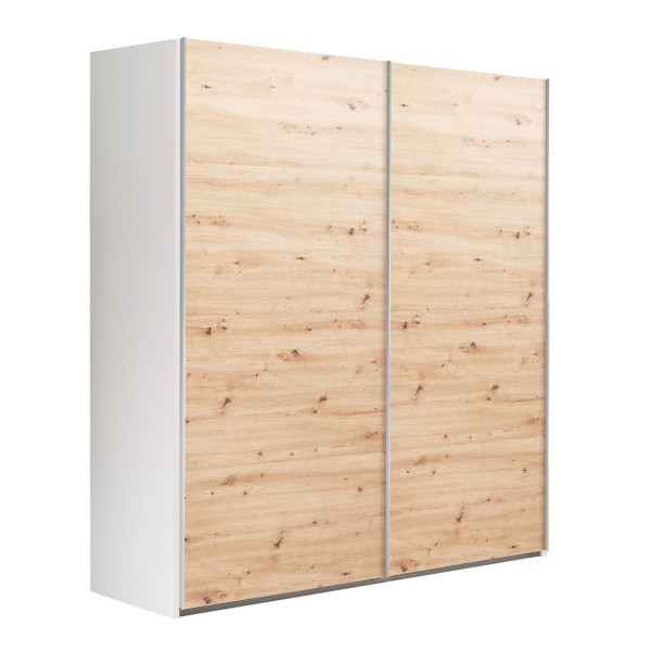 Vista diagonale Armadio in legno struttura Bianco con due ante scorrevoli, Rovere Artisan modello Sliding Totò Piccinni