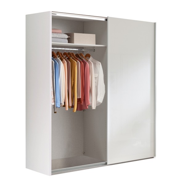 Vista diagonale con 1 anta aperta Armadio classico in legno struttura Bianco con due ante scorrevoli, 1 Bianco Lucido e 1 Rovere Artisan modello Sliding Totò Piccinni