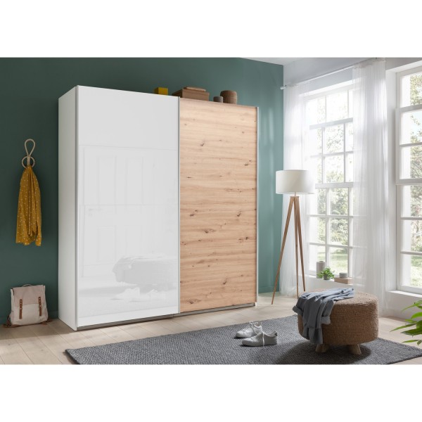 Vista ambientata Armadio guardaroba design in legno struttura Bianco con due ante scorrevoli, 1 Bianco Lucido e 1 Rovere Artisan modello Sliding Totò Piccinni