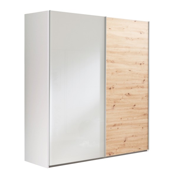 Vista diagonale Armadio in legno struttura Bianco con due ante scorrevoli, 1 Bianco Lucido e 1 Rovere Artisan modello Sliding Totò Piccinni