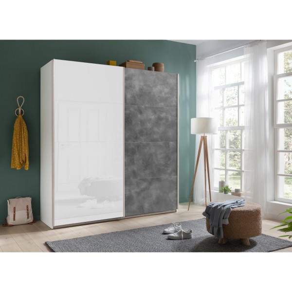 Vista ambientata Armadio guardaroba design in legno struttura Bianco con due ante scorrevoli, 1 Grigio Cemento e 1 Bianco Lucido modello Sliding Totò Piccinni