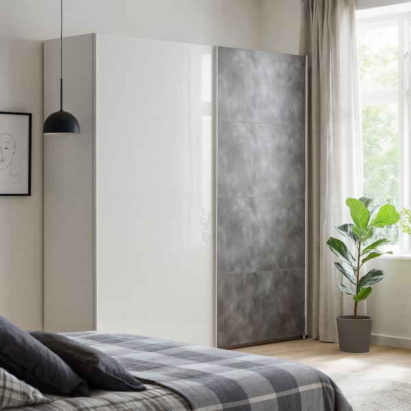 Vista ambientata Armadio in legno struttura Bianco con due ante scorrevoli, 1 Grigio Cemento e 1 Bianco Lucido modello Sliding Totò Piccinni