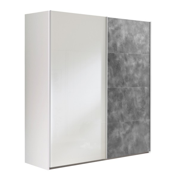 Vista diagonale Armadio in legno struttura Bianco con due ante scorrevoli, 1 Grigio Cemento e 1 Bianco Lucido modello Sliding Totò Piccinni