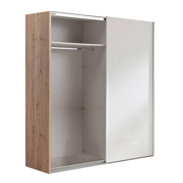 Vista diagonale con 1 anta aperta Armadio da ingresso in legno struttura Rovere Artisan con due ante scorrevoli, Bianco Lucido modello Sliding Totò Piccinni