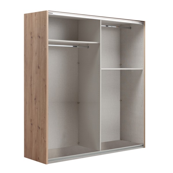 Vista diagonale senza ante Armadio ante scorrevoli in legno struttura Rovere Artisan con due ante scorrevoli, Bianco Lucido modello Sliding Totò Piccinni