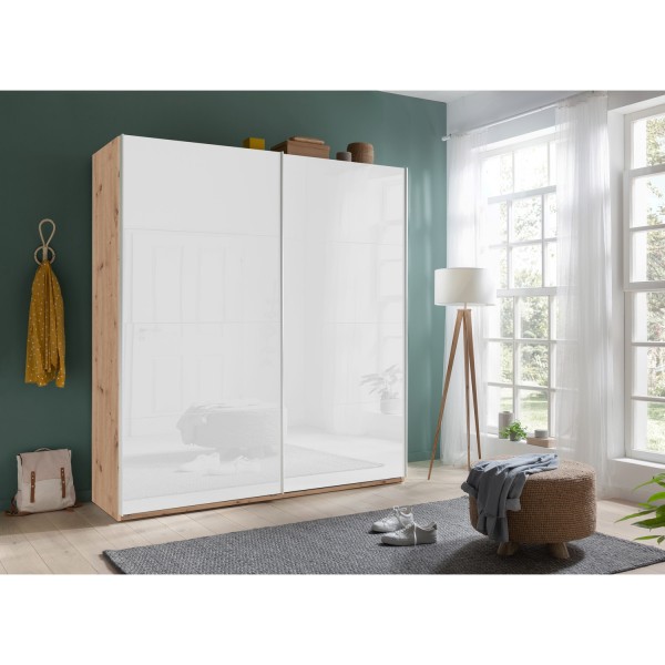 Vista ambientata Armadio guardaroba design in legno struttura Rovere Artisan con due ante scorrevoli, Bianco Lucido modello Sliding Totò Piccinni