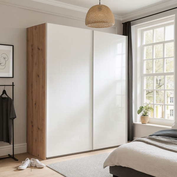 Vista ambientata Armadio in legno struttura Rovere Artisan con due ante scorrevoli, Bianco Lucido modello Sliding Totò Piccinni