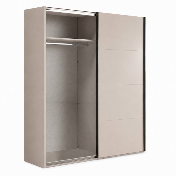 Vista diagonale con anta aperta Armadio in legno struttura Cashmere con 2 ante scorrevoli cashmere lucido modello Sliding Totò Piccinni