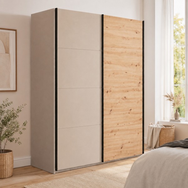 Vista ambientata con ante chiuse Armadio moderno in legno struttura Cashmere con 2 ante scorrevoli cashmere lucido e rovere artisan modello Sliding Totò Piccinni